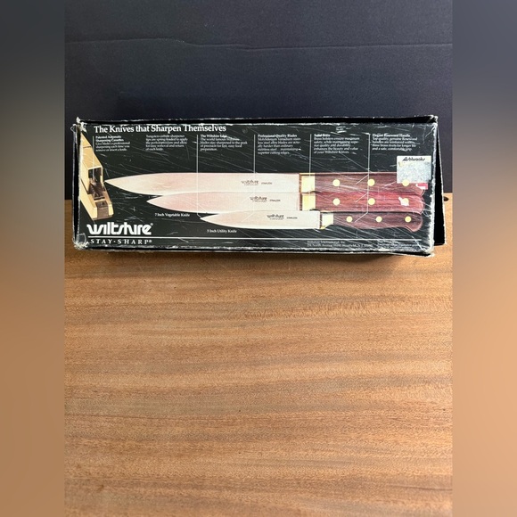 Vintage 1970’s Wiltshire Stay Sharp 3 Piece Knife Set Wood Brass Retro Kitchen - Picture 1 of 15